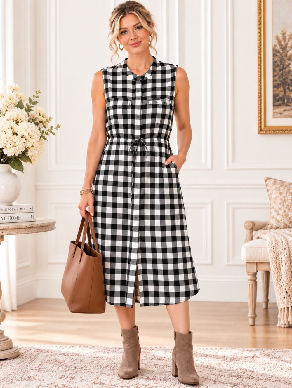 Banana Republic Black White Gingham Button Front Midi Dress | Size 14